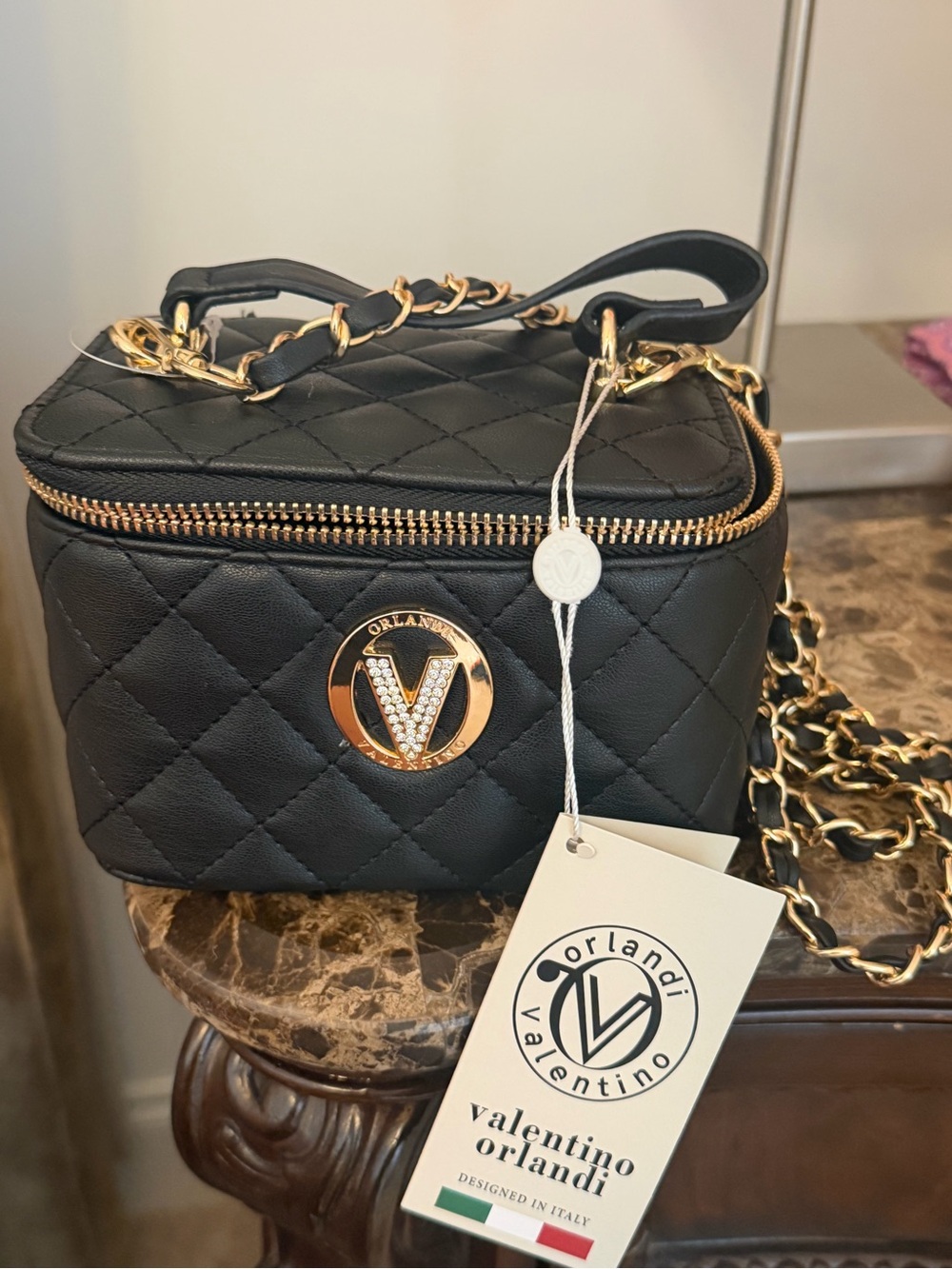 Valentino Orlandi Black Quilted Mini Vanity Bag with Gold Chain